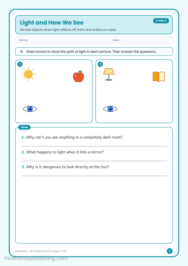 Light and How We See — free printable 4th Grade science worksheet for ages 9-10 (Common Core 4-PS4-2)