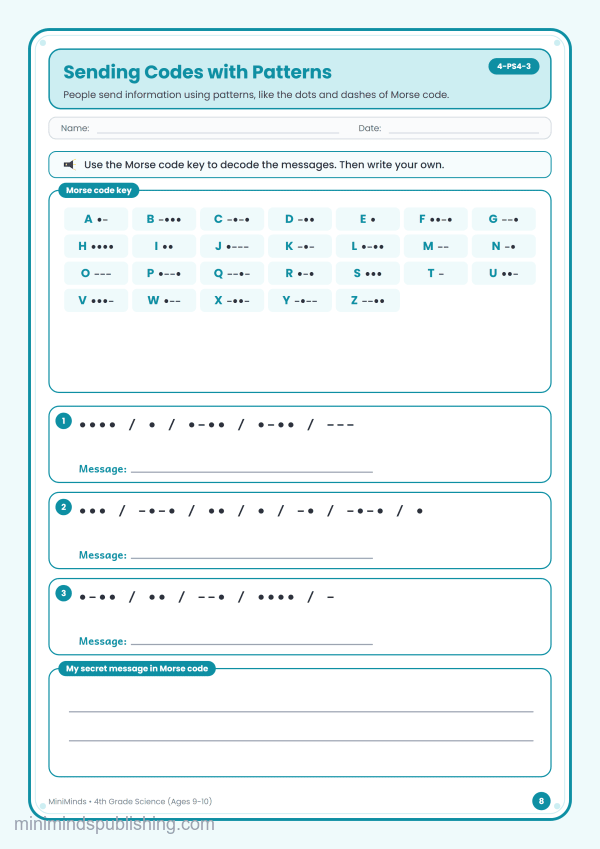 Sending Codes with Patterns — free printable 4th Grade science worksheet for ages 9-10 (Common Core 4-PS4-3)