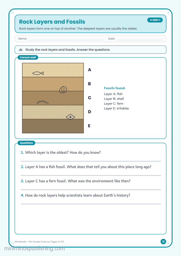 Rock Layers and Fossils — free printable 4th Grade science worksheet for ages 9-10 (Common Core 4-ESS1-1)