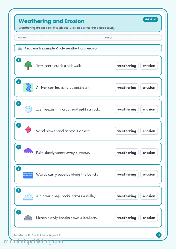 Weathering and Erosion — free printable 4th Grade science worksheet for ages 9-10 (Common Core 4-ESS2-1)