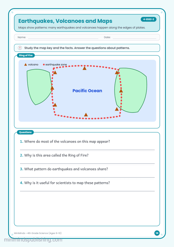 Earthquakes, Volcanoes and Maps — free printable 4th Grade science worksheet for ages 9-10 (Common Core 4-ESS2-2)
