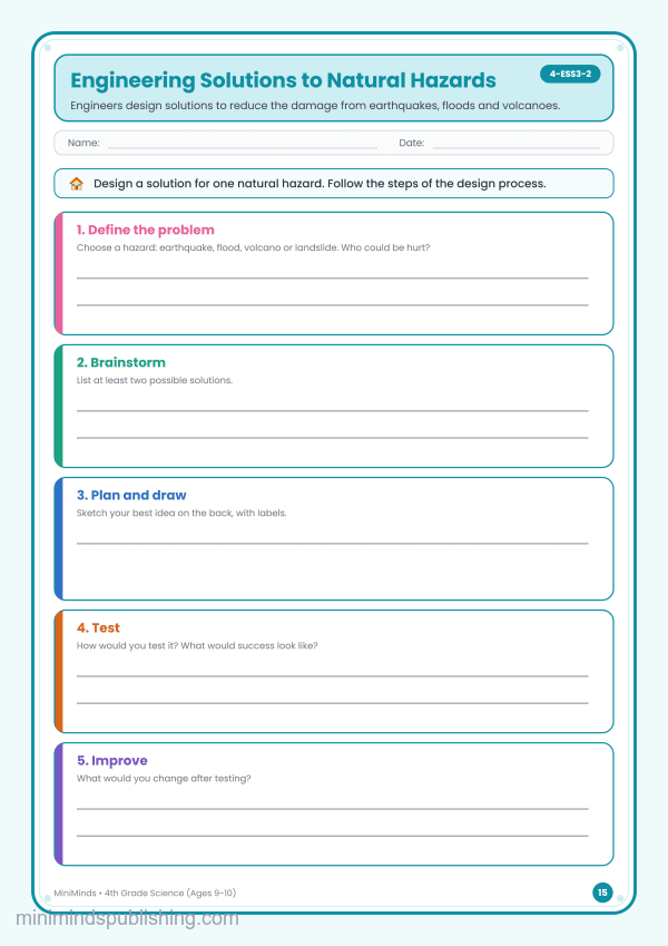 Engineering Solutions to Natural Hazards — free printable 4th Grade science worksheet for ages 9-10 (Common Core 4-ESS3-2)