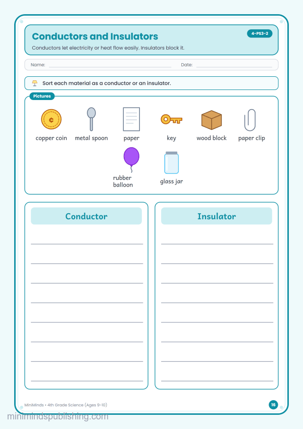 Conductors and Insulators — free printable 4th Grade science worksheet for ages 9-10 (Common Core 4-PS3-2)