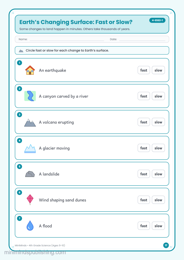 Earth’s Changing Surface: Fast or Slow? — free printable 4th Grade science worksheet for ages 9-10 (Common Core 4-ESS2-1)
