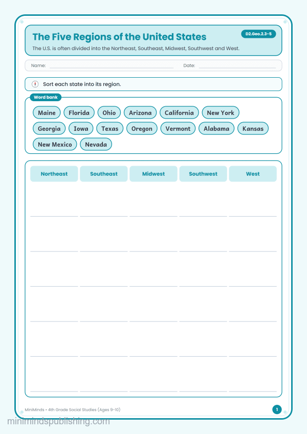The Five Regions of the United States — free printable 4th Grade social studies worksheet for ages 9-10 (Common Core D2.Geo.2.3-5)