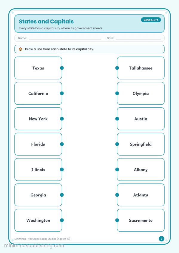 States and Capitals — free printable 4th Grade social studies worksheet for ages 9-10 (Common Core D2.Geo.1.3-5)