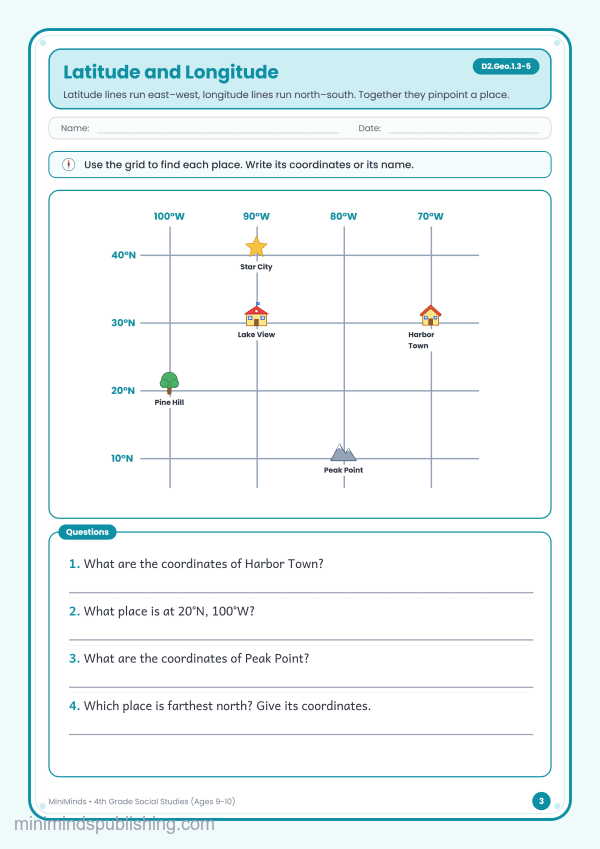 Latitude and Longitude — free printable 4th Grade social studies worksheet for ages 9-10 (Common Core D2.Geo.1.3-5)