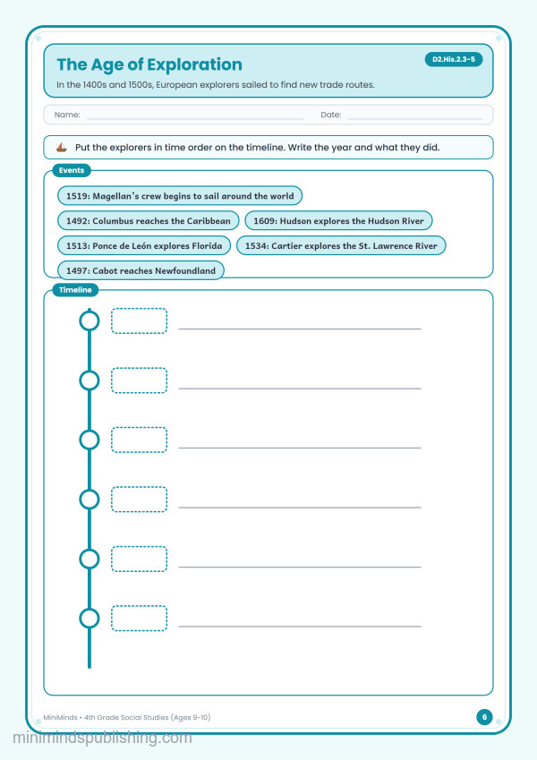 The Age of Exploration — free printable 4th Grade social studies worksheet for ages 9-10 (Common Core D2.His.2.3-5)