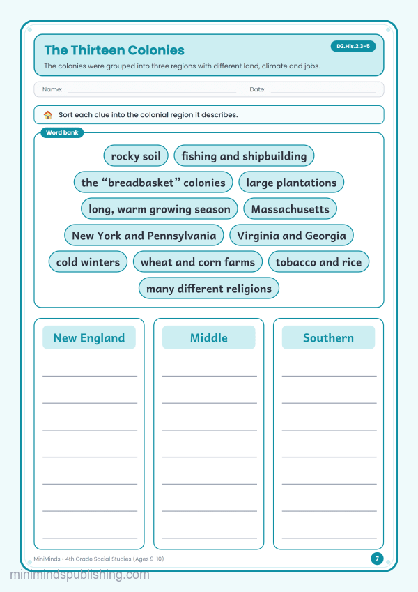 The Thirteen Colonies — free printable 4th Grade social studies worksheet for ages 9-10 (Common Core D2.His.2.3-5)