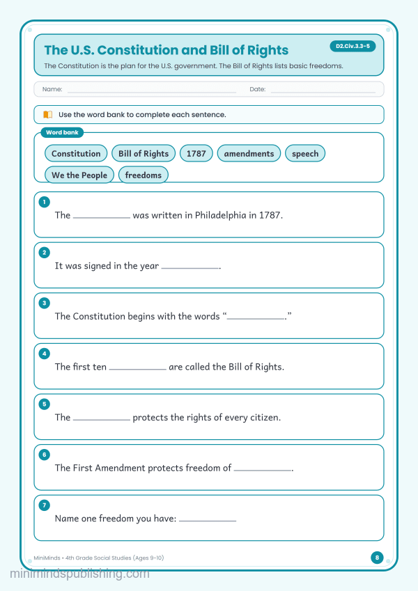 The U.S. Constitution and Bill of Rights — free printable 4th Grade social studies worksheet for ages 9-10 (Common Core D2.Civ.3.3-5)