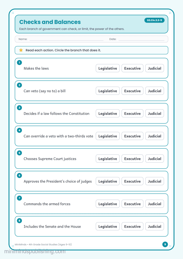 Checks and Balances — free printable 4th Grade social studies worksheet for ages 9-10 (Common Core D2.Civ.3.3-5)