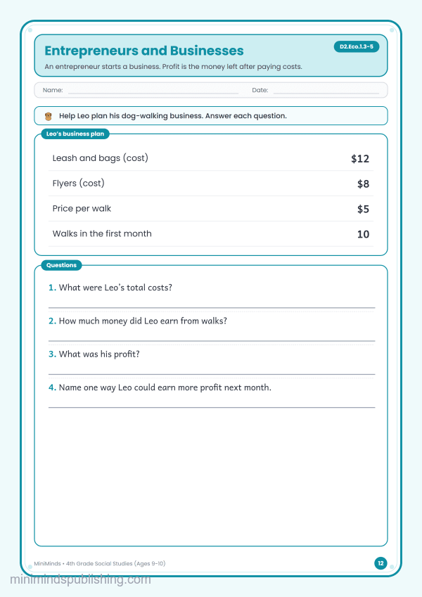 Entrepreneurs and Businesses — free printable 4th Grade social studies worksheet for ages 9-10 (Common Core D2.Eco.1.3-5)