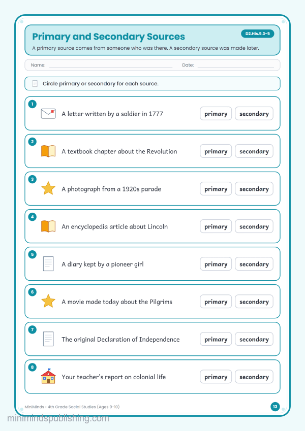 Primary and Secondary Sources — free printable 4th Grade social studies worksheet for ages 9-10 (Common Core D2.His.9.3-5)