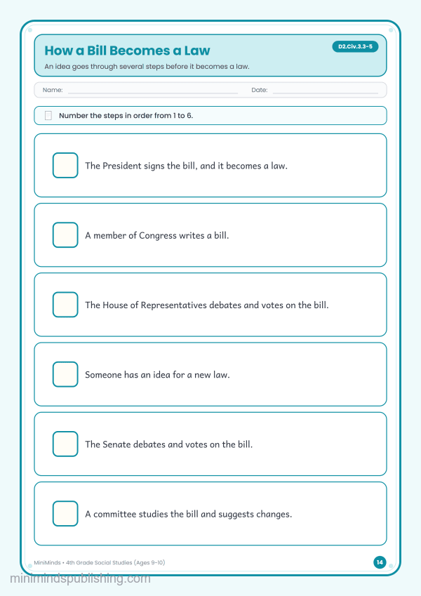 How a Bill Becomes a Law — free printable 4th Grade social studies worksheet for ages 9-10 (Common Core D2.Civ.3.3-5)