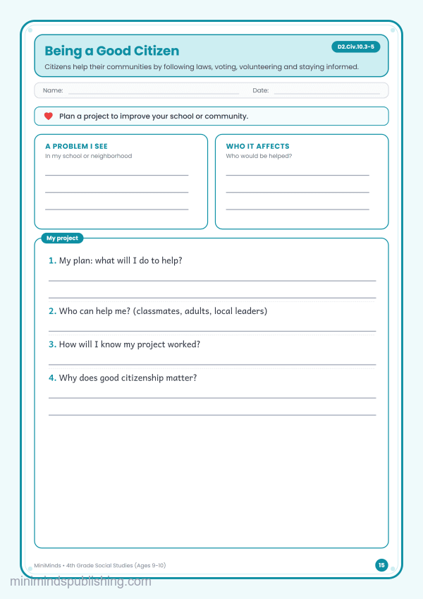 Being a Good Citizen — free printable 4th Grade social studies worksheet for ages 9-10 (Common Core D2.Civ.10.3-5)