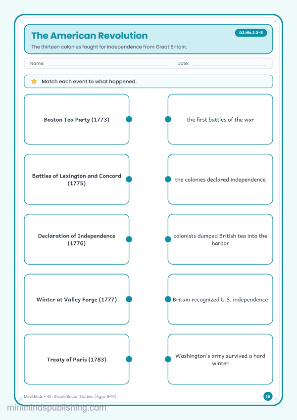 The American Revolution — free printable 4th Grade social studies worksheet for ages 9-10 (Common Core D2.His.2.3-5)