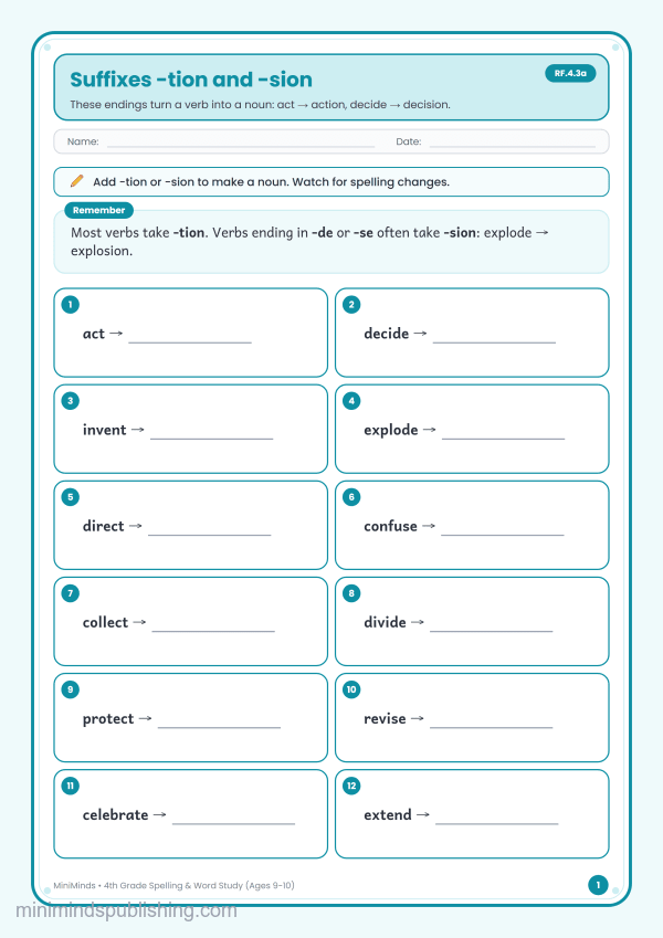 Suffixes -tion and -sion — free printable 4th Grade spelling & word study worksheet for ages 9-10 (Common Core RF.4.3a)