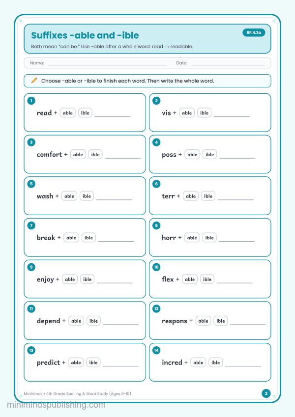 Suffixes -able and -ible — free printable 4th Grade spelling & word study worksheet for ages 9-10 (Common Core RF.4.3a)