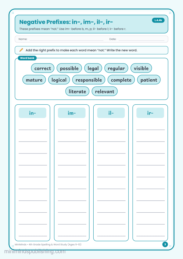 Negative Prefixes: in-, im-, il-, ir- — free printable 4th Grade spelling & word study worksheet for ages 9-10 (Common Core L.4.4b)