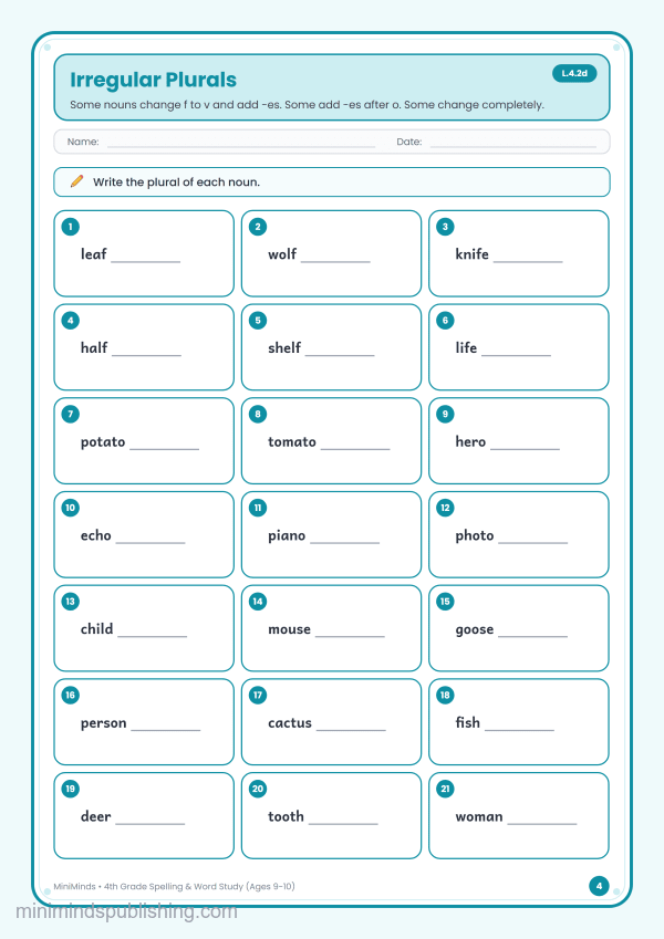 Irregular Plurals — free printable 4th Grade spelling & word study worksheet for ages 9-10 (Common Core L.4.2d)