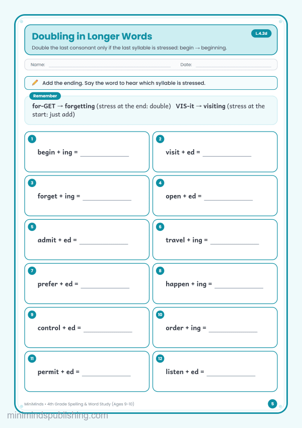 Doubling in Longer Words — free printable 4th Grade spelling & word study worksheet for ages 9-10 (Common Core L.4.2d)