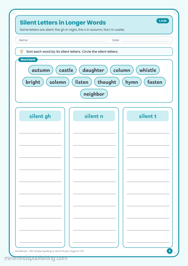 Silent Letters in Longer Words — free printable 4th Grade spelling & word study worksheet for ages 9-10 (Common Core L.4.2d)