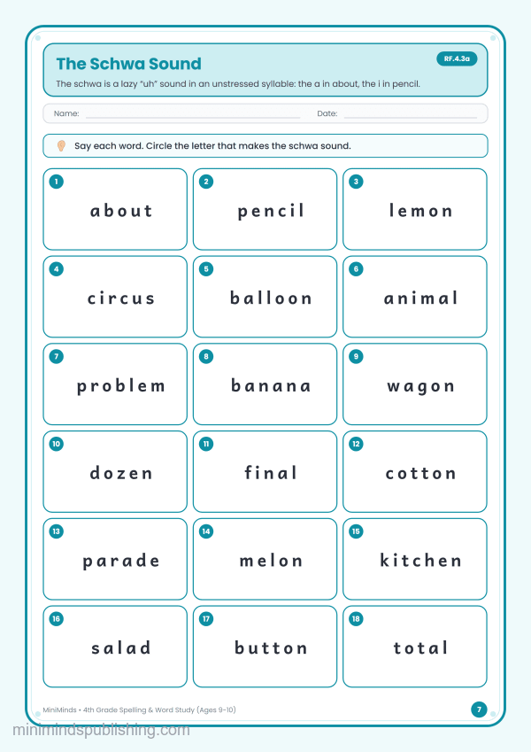 The Schwa Sound — free printable 4th Grade spelling & word study worksheet for ages 9-10 (Common Core RF.4.3a)
