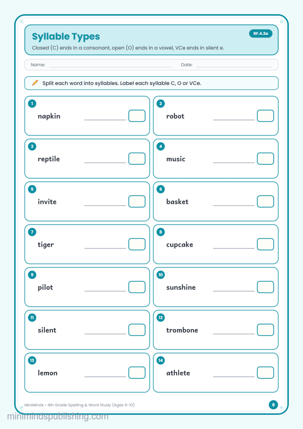 Syllable Types — free printable 4th Grade spelling & word study worksheet for ages 9-10 (Common Core RF.4.3a)