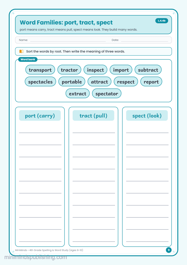 Word Families: port, tract, spect — free printable 4th Grade spelling & word study worksheet for ages 9-10 (Common Core L.4.4b)