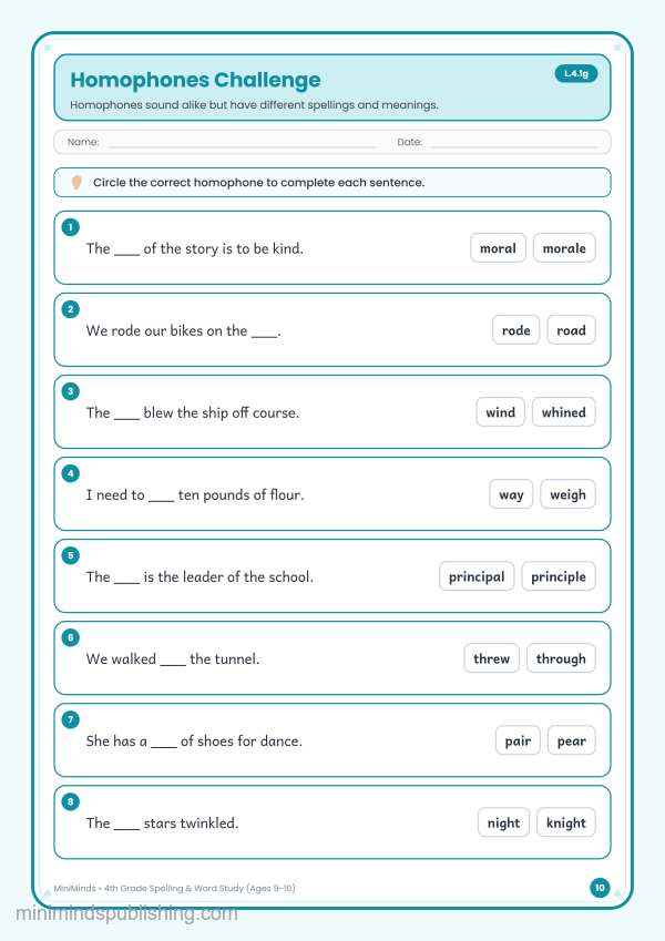 Homophones Challenge — free printable 4th Grade spelling & word study worksheet for ages 9-10 (Common Core L.4.1g)