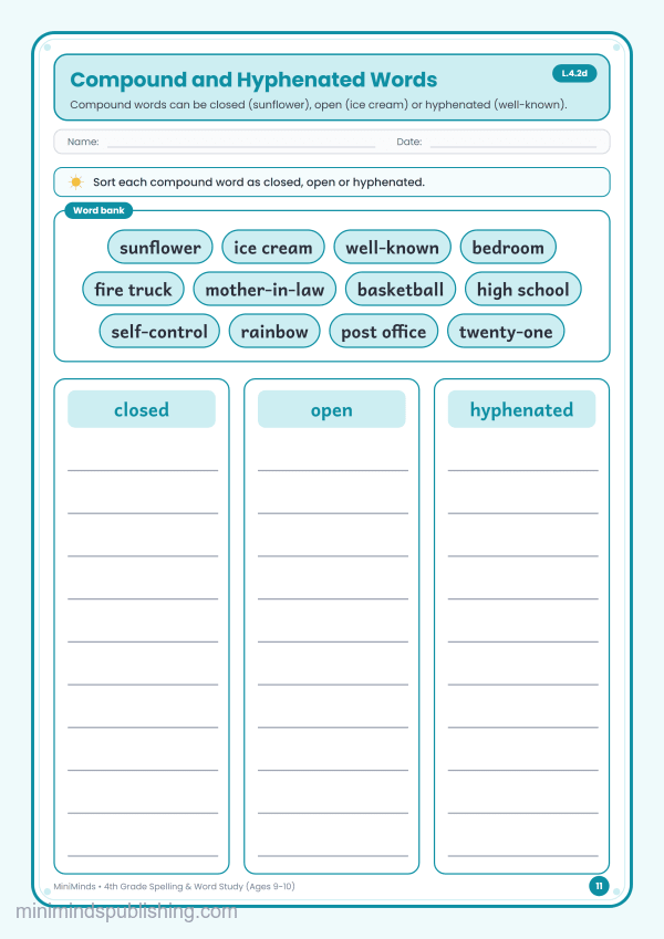 Compound and Hyphenated Words — free printable 4th Grade spelling & word study worksheet for ages 9-10 (Common Core L.4.2d)