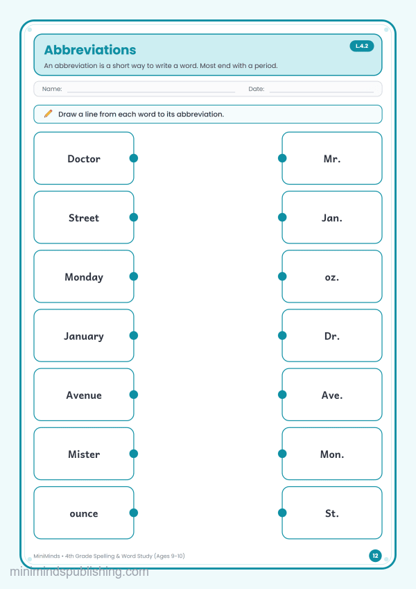 Abbreviations — free printable 4th Grade spelling & word study worksheet for ages 9-10 (Common Core L.4.2)