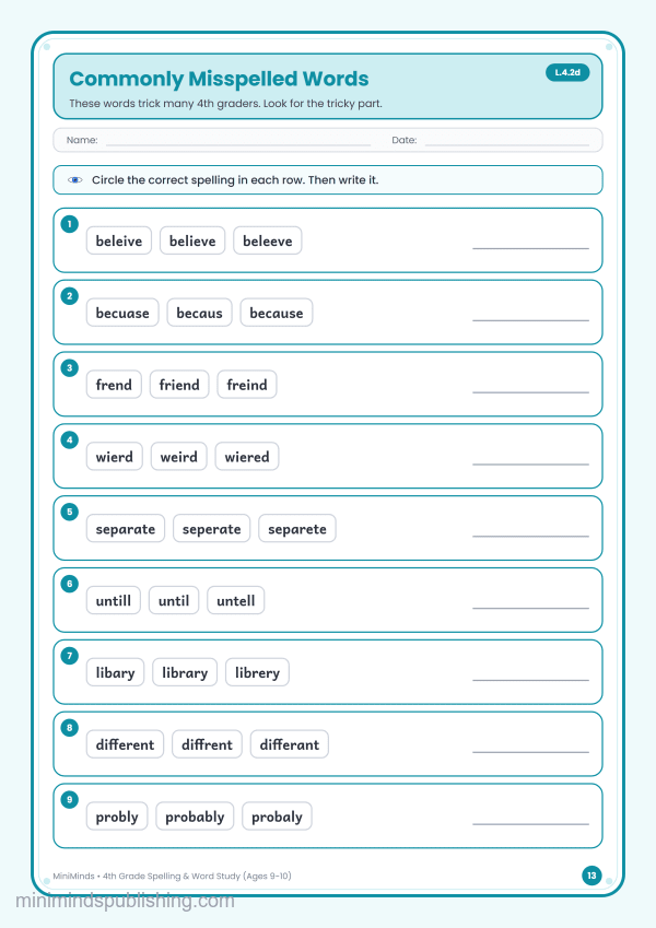 Commonly Misspelled Words — free printable 4th Grade spelling & word study worksheet for ages 9-10 (Common Core L.4.2d)