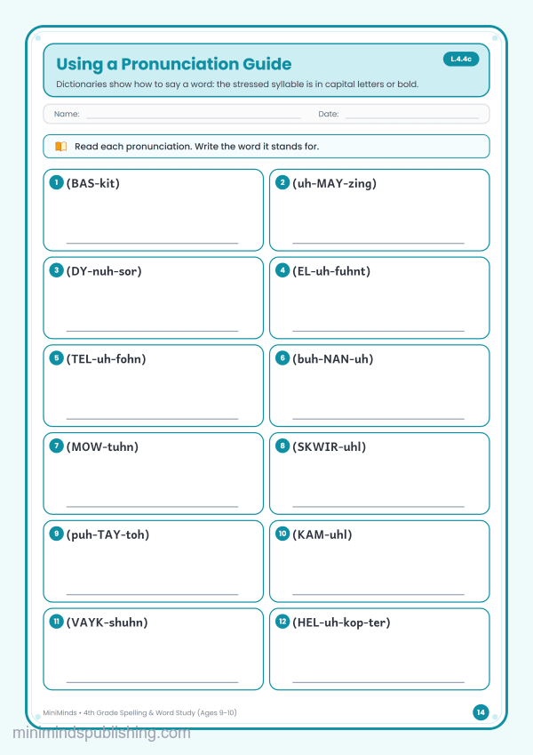 Using a Pronunciation Guide — free printable 4th Grade spelling & word study worksheet for ages 9-10 (Common Core L.4.4c)