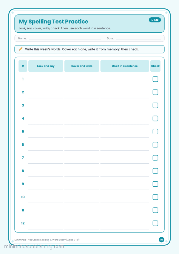 My Spelling Test Practice — free printable 4th Grade spelling & word study worksheet for ages 9-10 (Common Core L.4.2d)