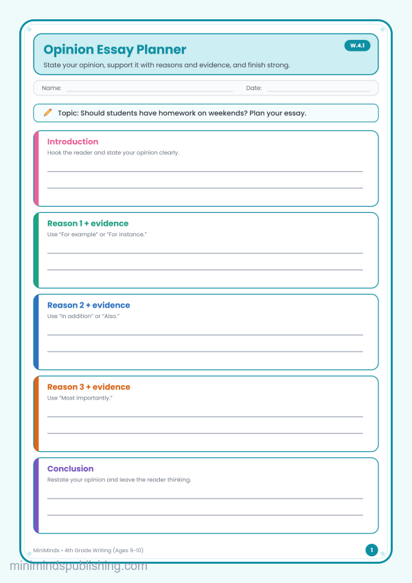 Opinion Essay Planner — free printable 4th Grade writing worksheet for ages 9-10 (Common Core W.4.1)
