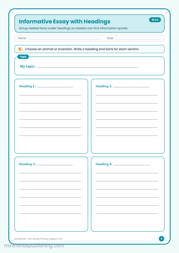 Informative Essay with Headings — free printable 4th Grade writing worksheet for ages 9-10 (Common Core W.4.2)