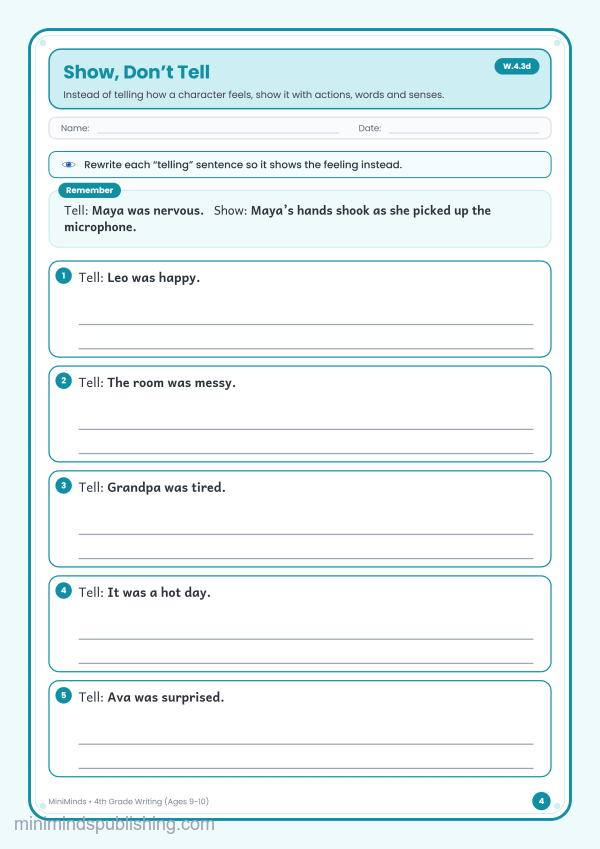 Show, Don’t Tell — free printable 4th Grade writing worksheet for ages 9-10 (Common Core W.4.3d)