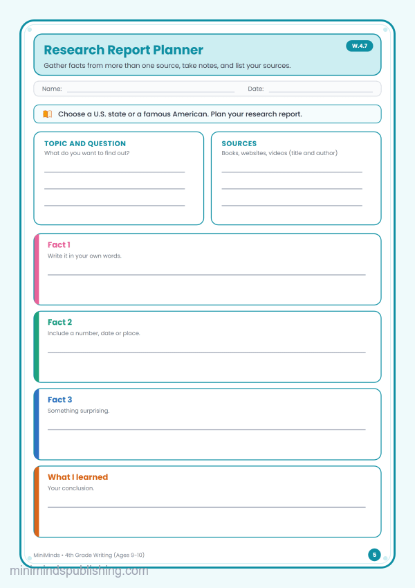Research Report Planner — free printable 4th Grade writing worksheet for ages 9-10 (Common Core W.4.7)