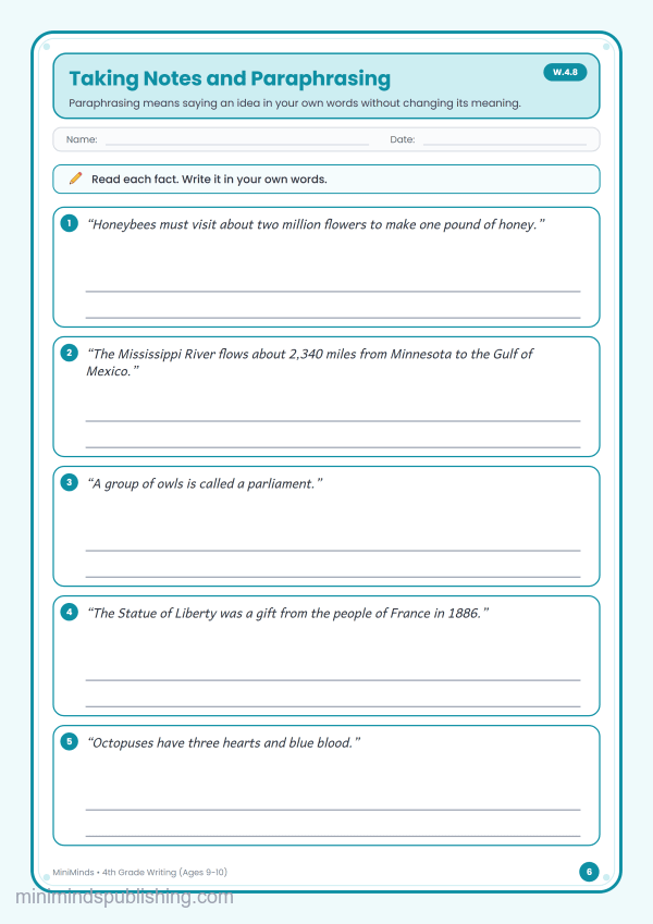 Taking Notes and Paraphrasing — free printable 4th Grade writing worksheet for ages 9-10 (Common Core W.4.8)