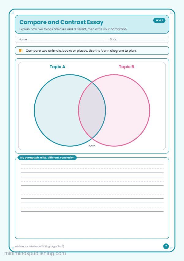 Compare and Contrast Essay — free printable 4th Grade writing worksheet for ages 9-10 (Common Core W.4.2)