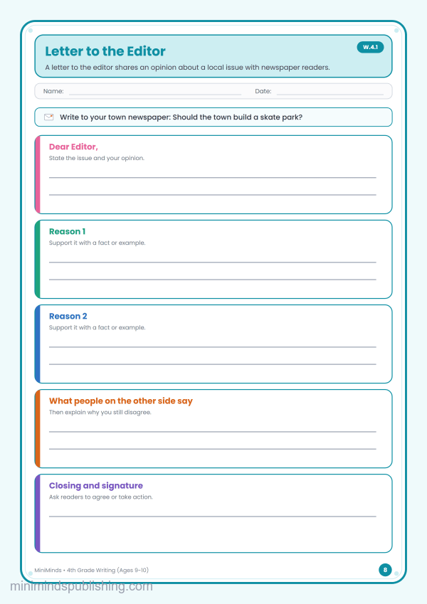 Letter to the Editor — free printable 4th Grade writing worksheet for ages 9-10 (Common Core W.4.1)