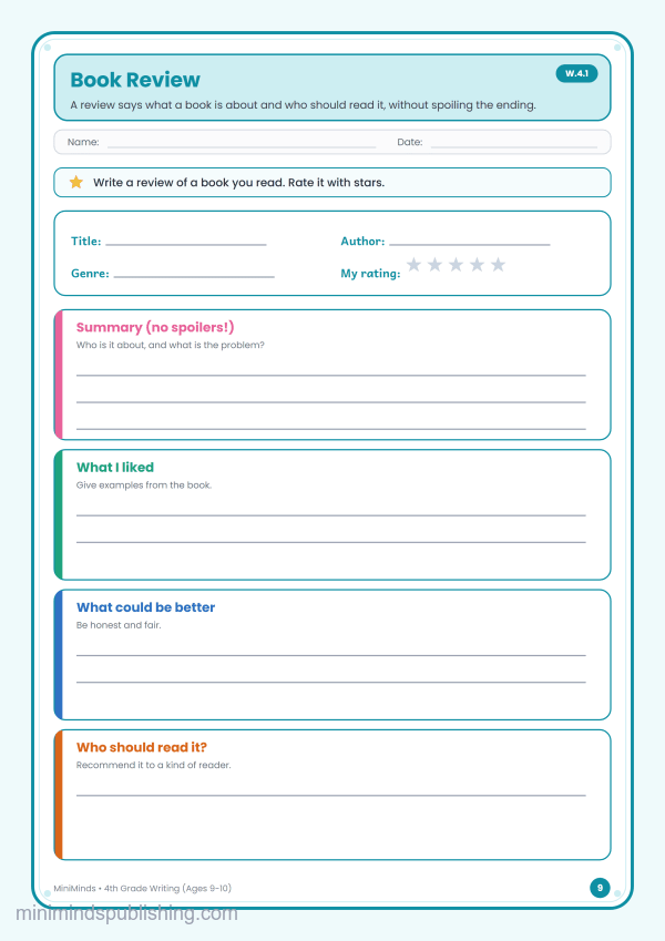 Book Review — free printable 4th Grade writing worksheet for ages 9-10 (Common Core W.4.1)