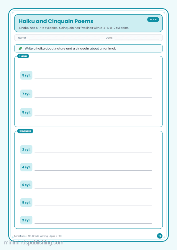 Haiku and Cinquain Poems — free printable 4th Grade writing worksheet for ages 9-10 (Common Core W.4.4)