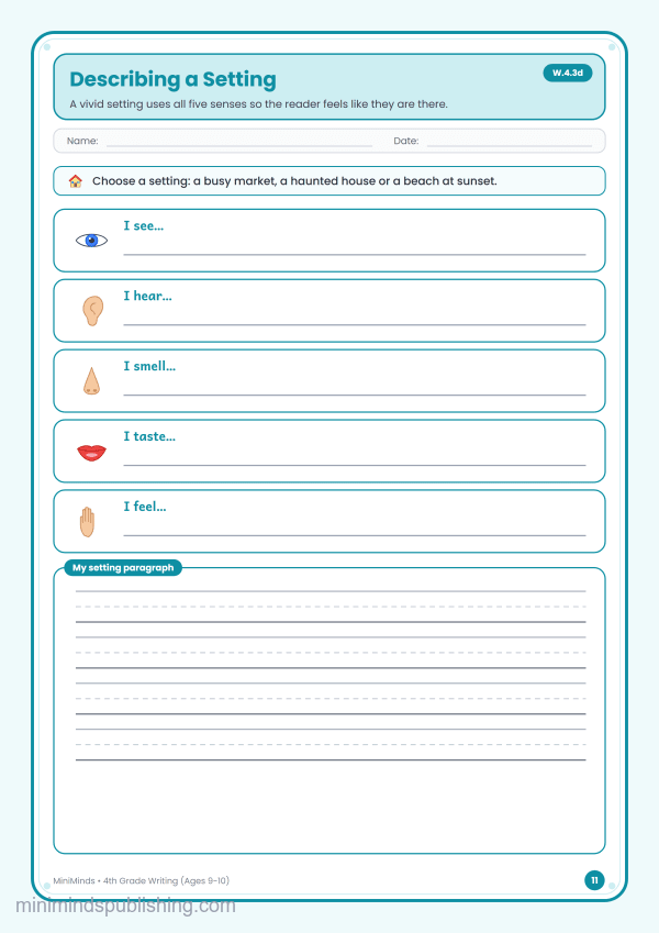 Describing a Setting — free printable 4th Grade writing worksheet for ages 9-10 (Common Core W.4.3d)