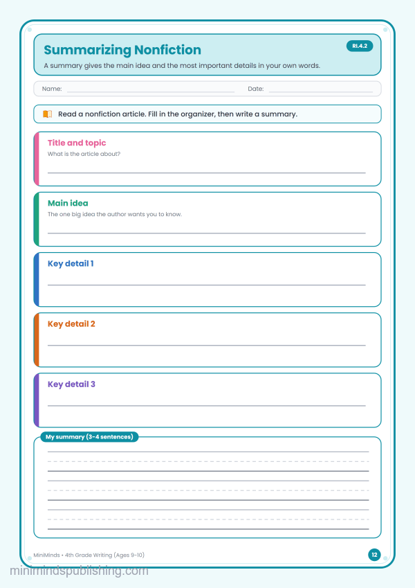 Summarizing Nonfiction — free printable 4th Grade writing worksheet for ages 9-10 (Common Core RI.4.2)