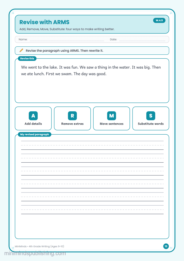Revise with ARMS — free printable 4th Grade writing worksheet for ages 9-10 (Common Core W.4.5)