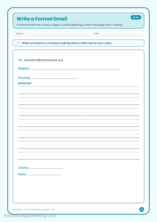 Write a Formal Email — free printable 4th Grade writing worksheet for ages 9-10 (Common Core W.4.4)