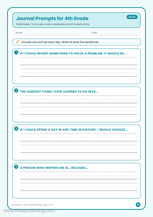 Journal Prompts for 4th Grade — free printable 4th Grade writing worksheet for ages 9-10 (Common Core W.4.10)