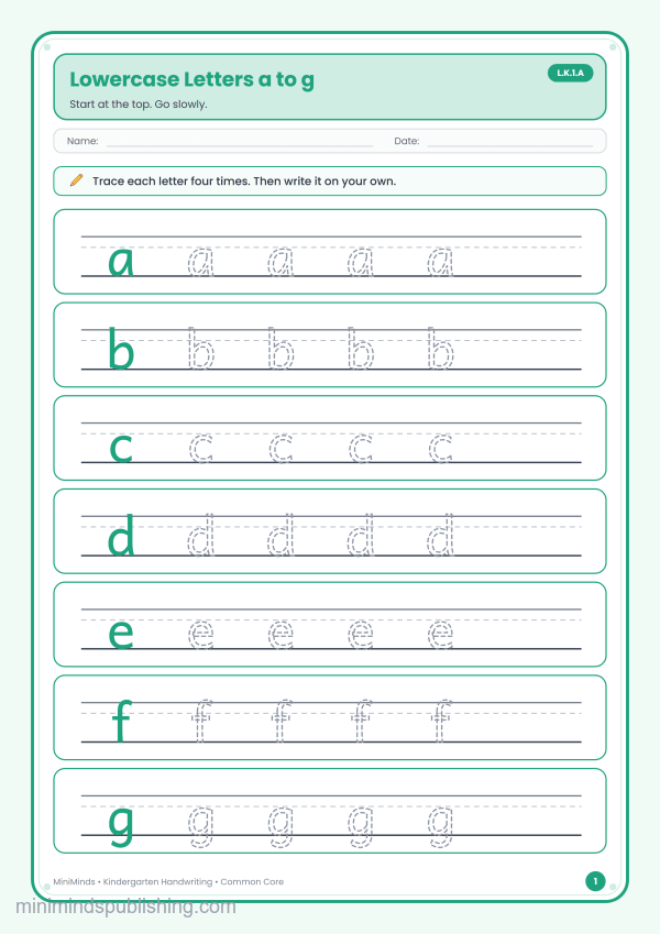 Lowercase Letters a to g — free printable Kindergarten handwriting worksheet for ages 5-6 (Common Core L.K.1.A)